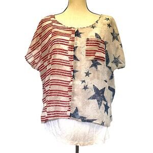 SUE WHO? Americana Womens Top Sz L Festival Stars Stripes Rhinestone Patchwork